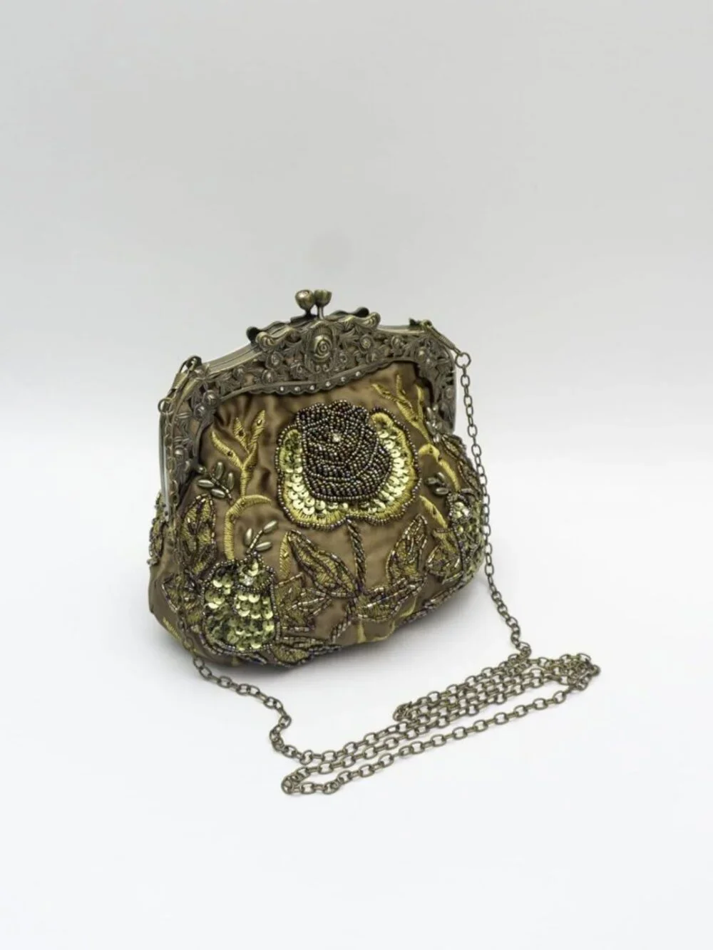 Vintage Rose Beaded Evening Clutch Purse | Art Deco Kiss Lock Bag for Weddings